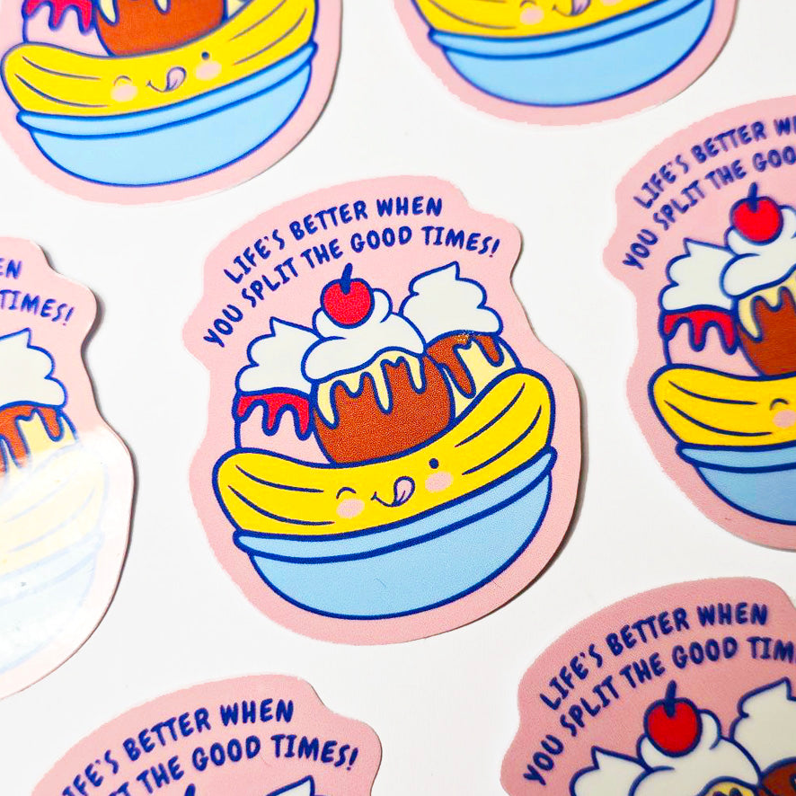 Handmade Stickers; Self-Illustrated Stickers; Quirky Stickers; Fun Stickers; Cute Stickers; Quirky; Fun; Cute; Handmade; Illustrated Stickers; Banana Split Sticker; Diner Food Sticker; Vinyl Sticker; Waterproof Sticker