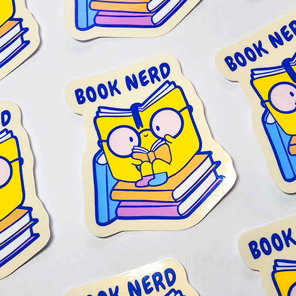 Handmade Stickers; Self-Illustrated Stickers; Quirky Stickers; Fun Stickers; Cute Stickers; Quirky; Fun; Cute; Handmade; Illustrated Stickers; Book Nerd Sticker; Vinyl Sticker; Waterproof Sticker; Book Nerd; Book Nerd Sticker;