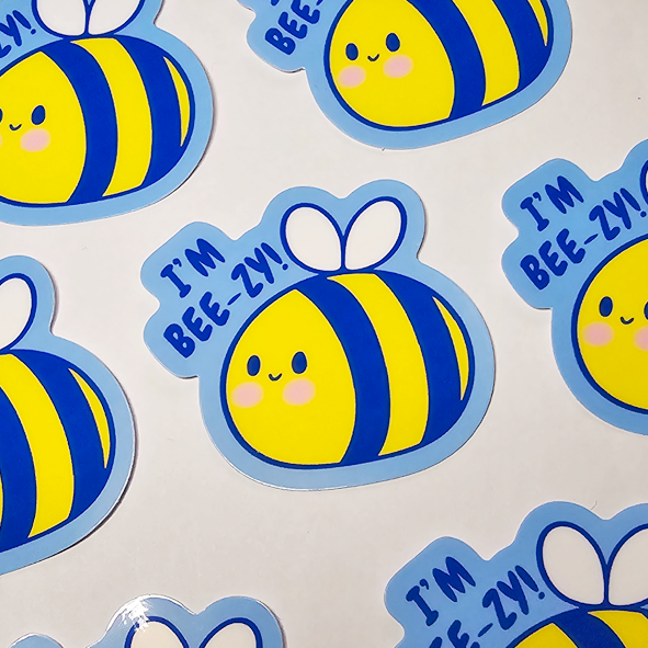 Handmade Stickers; Self-Illustrated Stickers; Quirky Stickers; Fun Stickers; Cute Stickers; Quirky; Fun; Cute; Handmade; Illustrated Stickers; Waterproof Sticker; Vinyl Sticker; I Am Beezy; I Am Beezy Sticker; I Am Busy; I Am Busy Sticker