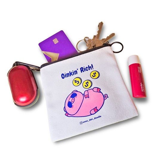 Self-illustrated Canvas Coin Purse; Coin Purse; Quirky Coin Purse; Fun Coin Purse; Zipper Coin Purse; Oinkin' Rich