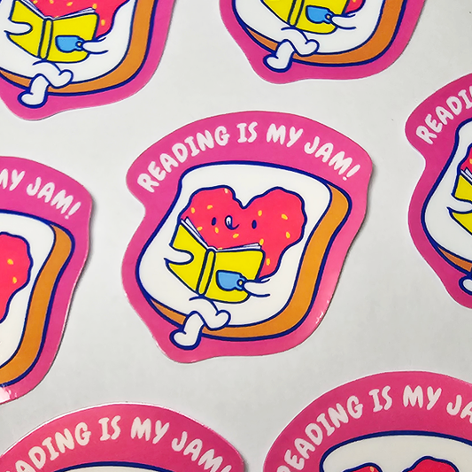 Handmade Stickers; Self-Illustrated Stickers; Quirky Stickers; Fun Stickers; Cute Stickers; Quirky; Fun; Cute; Handmade; Illustrated Stickers; Waterproof Sticker; Vinyl Sticker; Reading Is My Jam; Reading Is My Jam Sticker